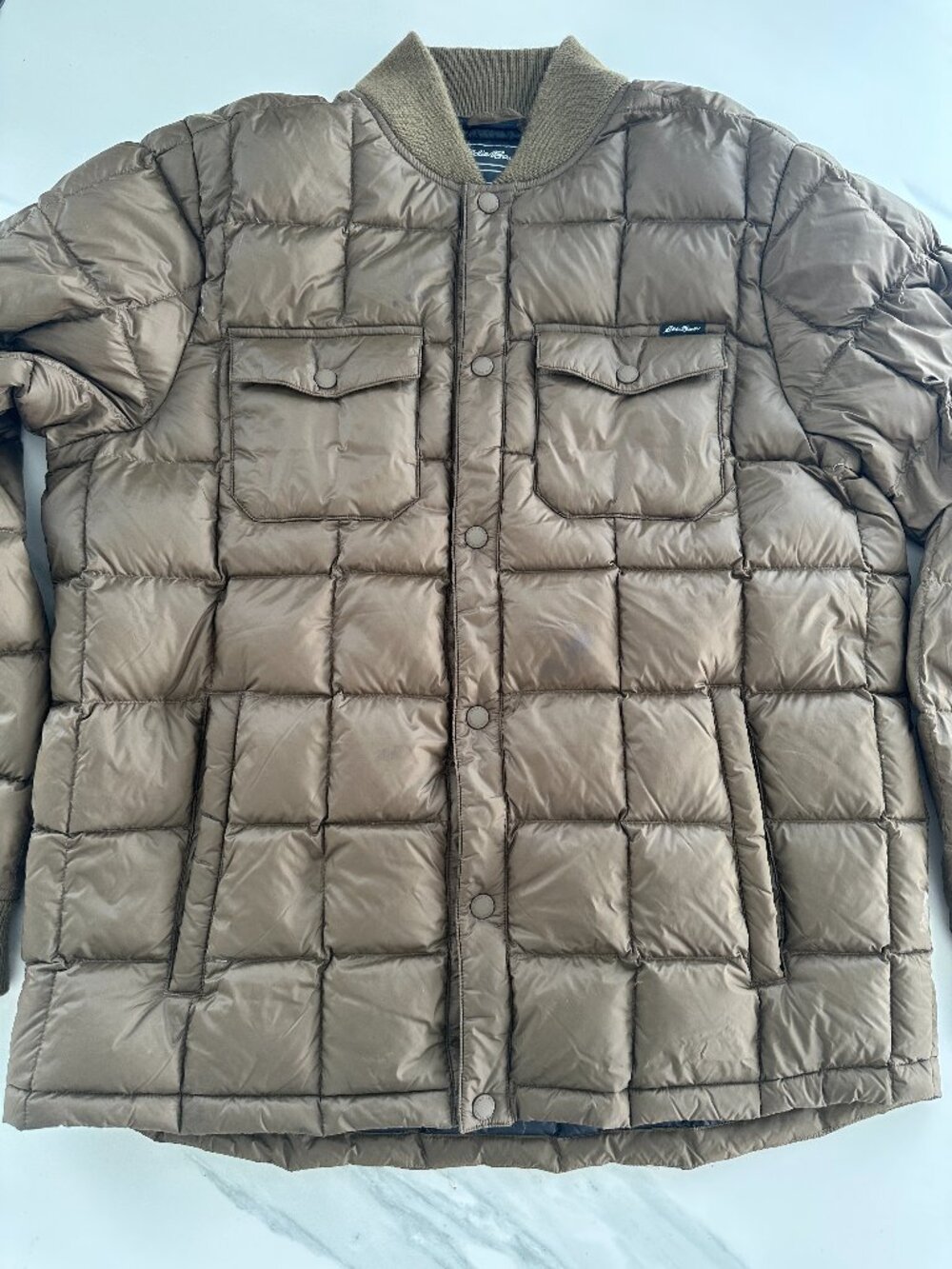 Eddie Bauer Square Quilted Down Bomber Jacket Mens Large Khaki